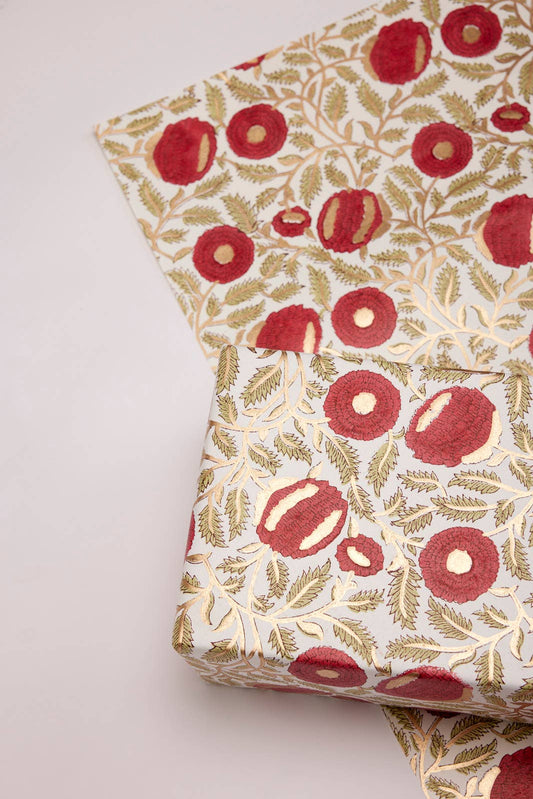 Block Printed Wrapping Paper Sheets - Marigold Glitz Scarlet