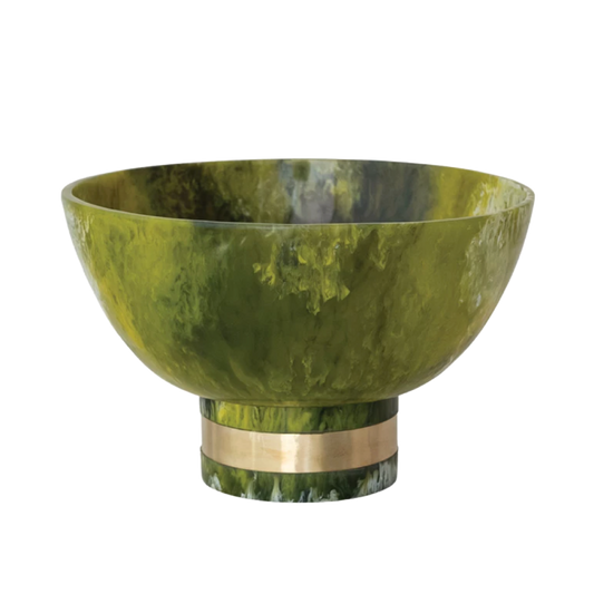 Green Marbled Resin Footed Bowl with Gold Finish Metal Wrap
