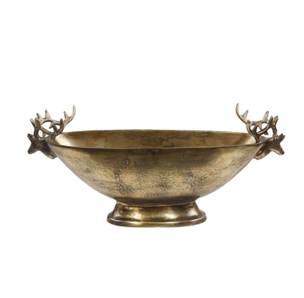 Antique Brass Finish Bowl w/Deer Head Handles