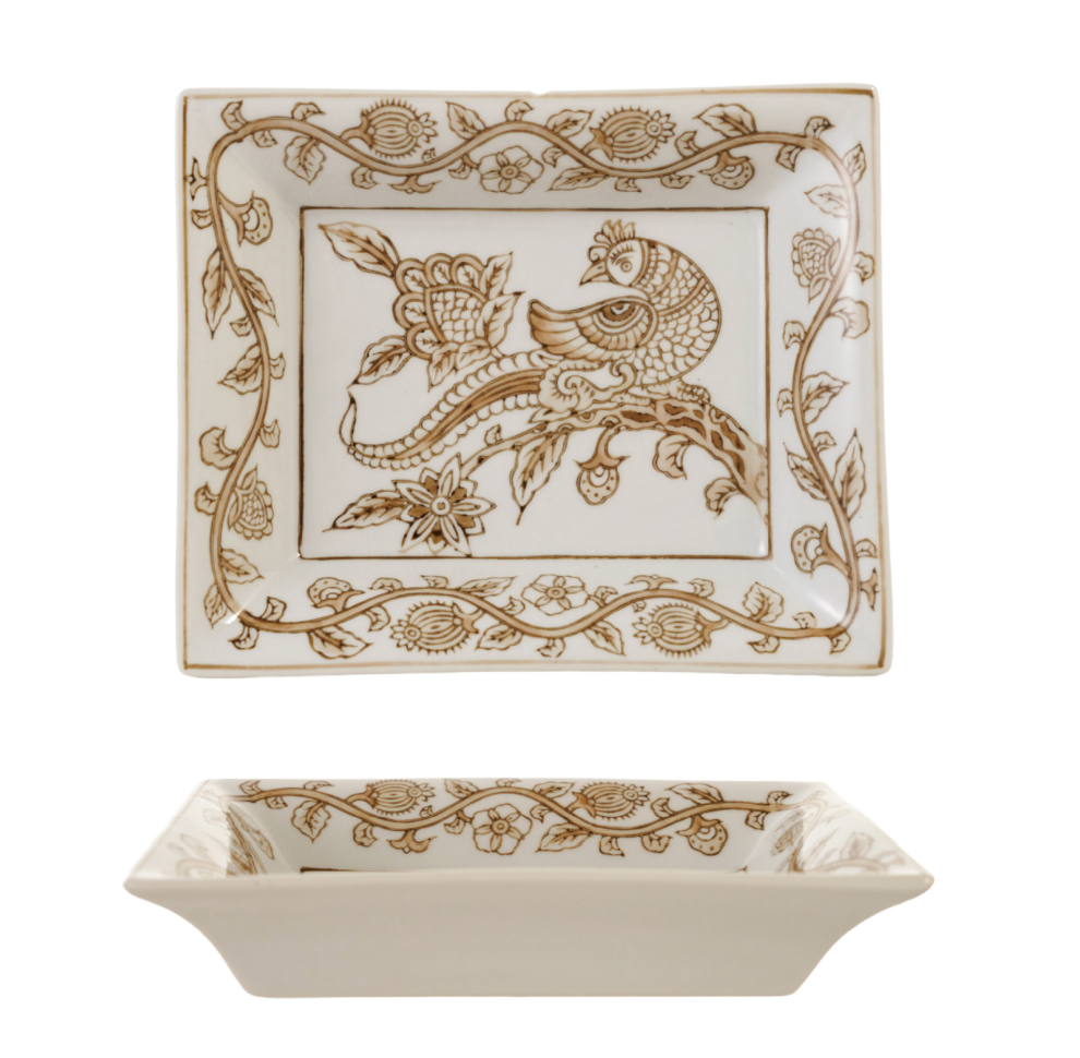 Hand-Painted Stoneware Dish with Bird & Botanicals