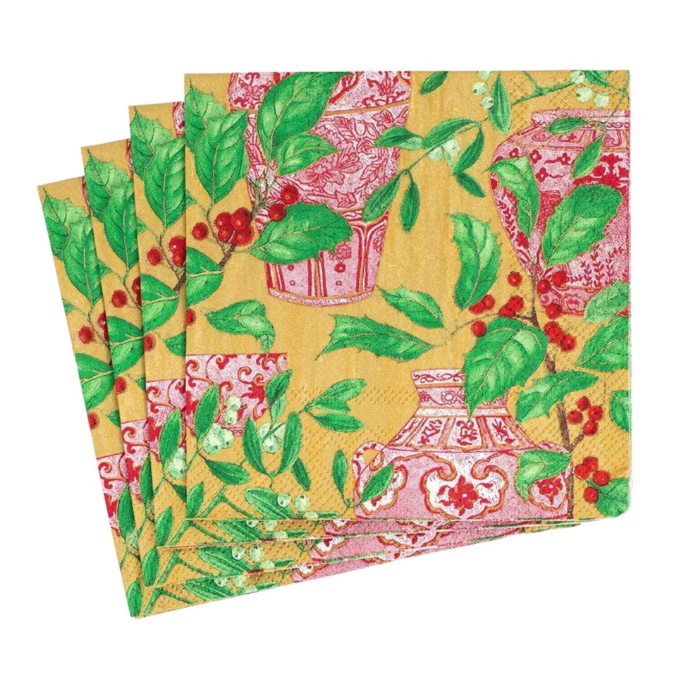 Holly and Porcelain Caspari Cocktail Napkin