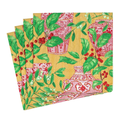 Holly and Porcelain Caspari Cocktail Napkin