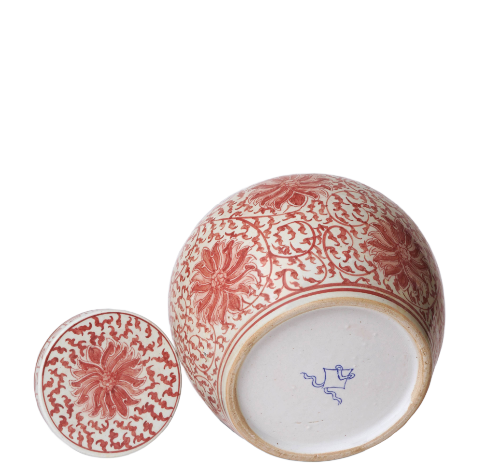 Red and White Porcelain Scrolling Lotus Round Lidded Jar
