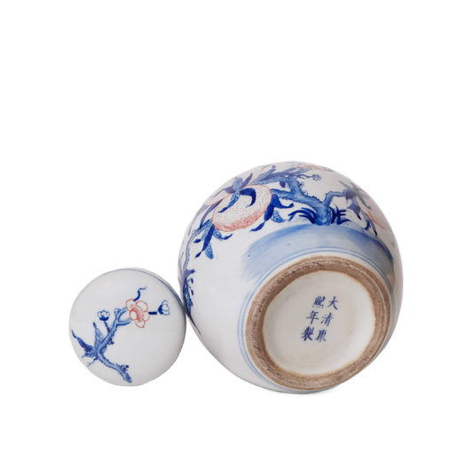 Red and Blue Porcelain Peach Round Storage Jar