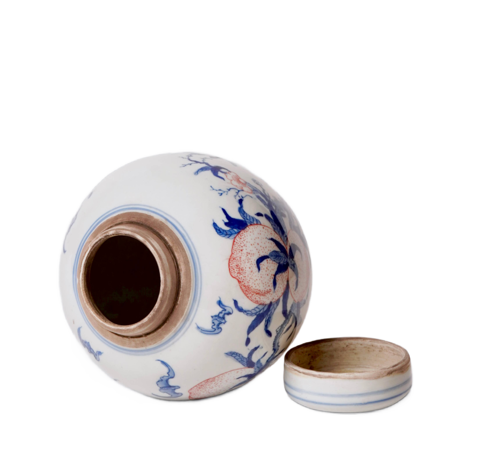Red and Blue Porcelain Peach Round Storage Jar