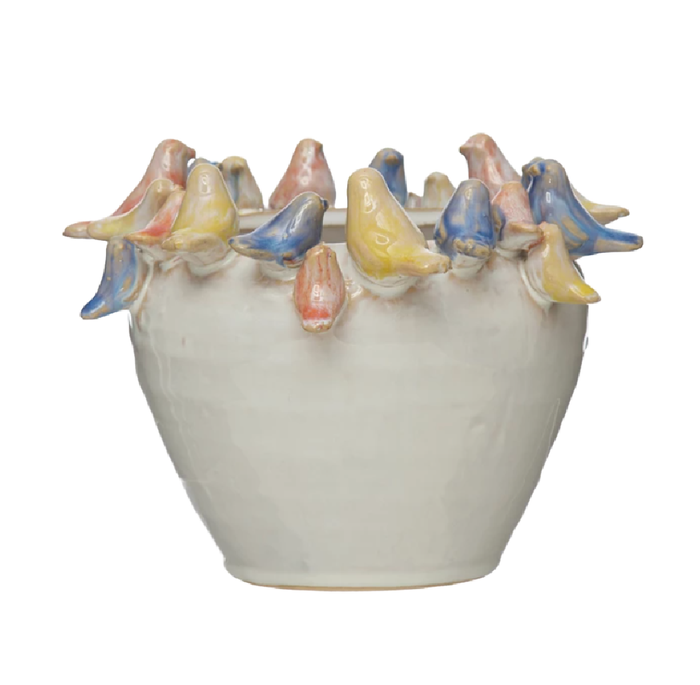 Stoneware Planter w/Birds on Rim