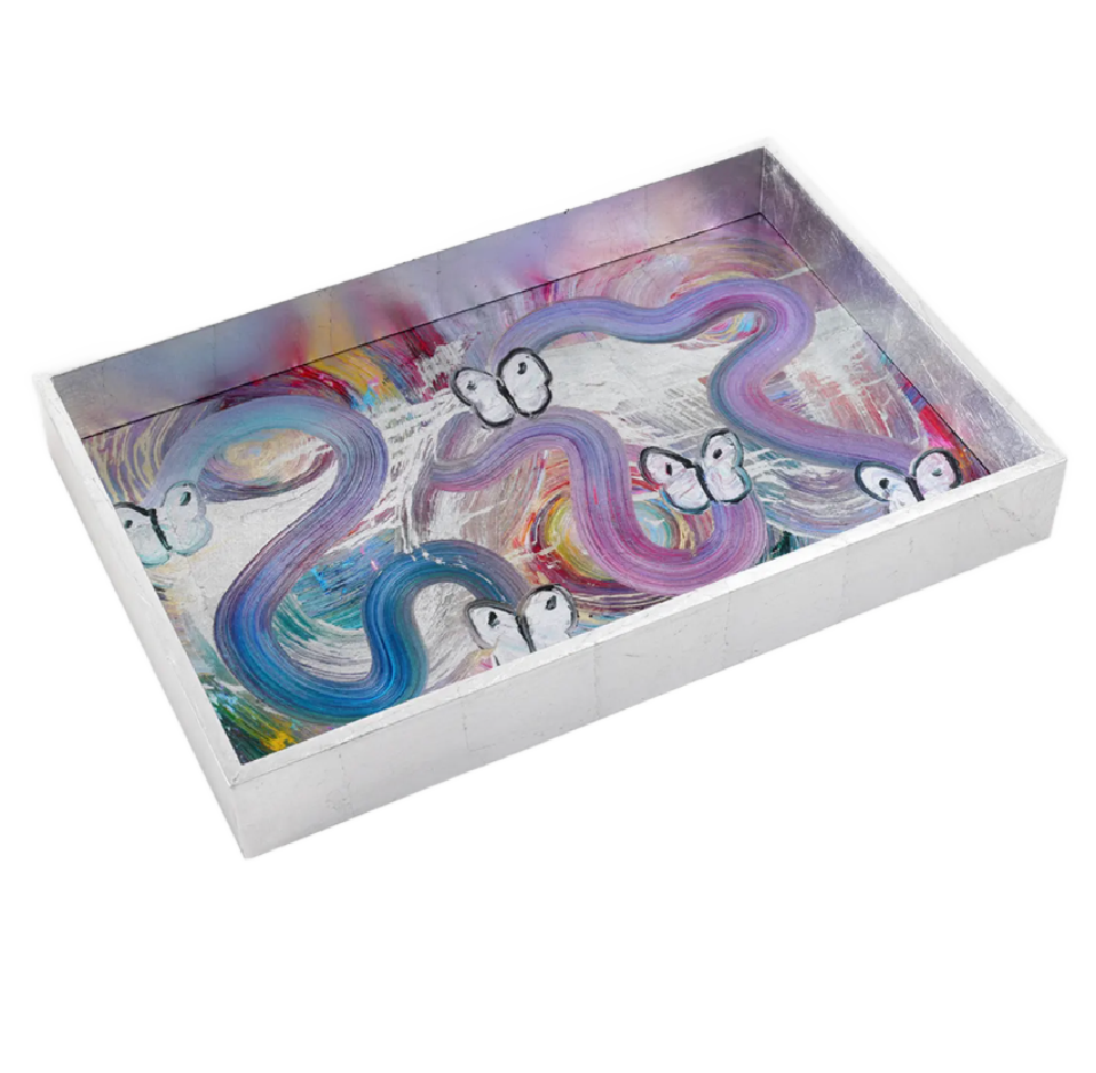 Hunt Slonem | Butterfly Ribbon Silver Leaf Vanity Tray