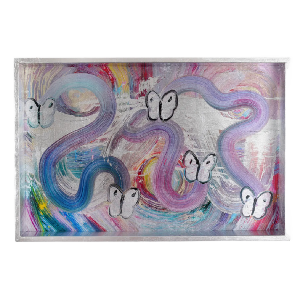 Hunt Slonem | Butterfly Ribbon Silver Leaf Vanity Tray