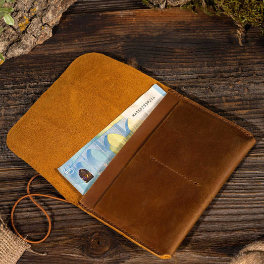 Genuine Leather Passport Holder With Strap: Brown