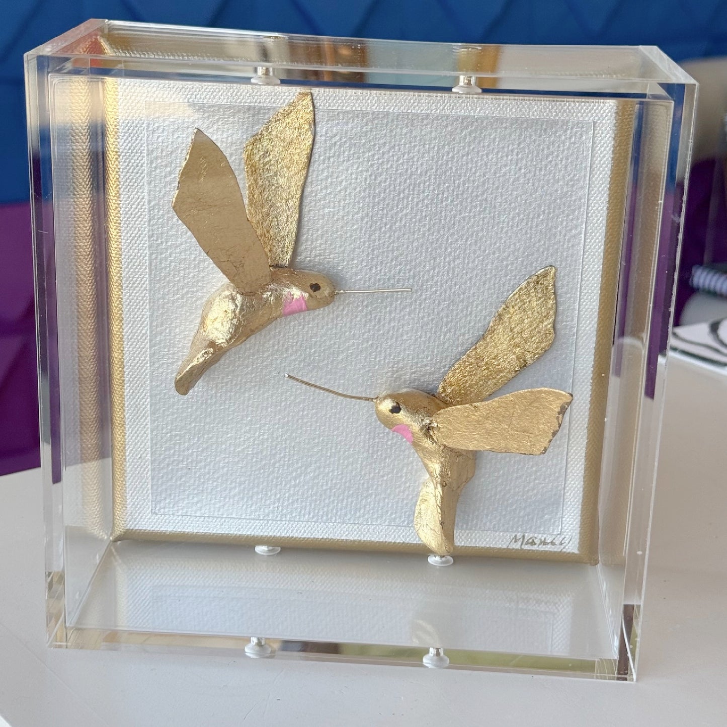 Hummingbird Gold Blush 6x6 Shadowbox