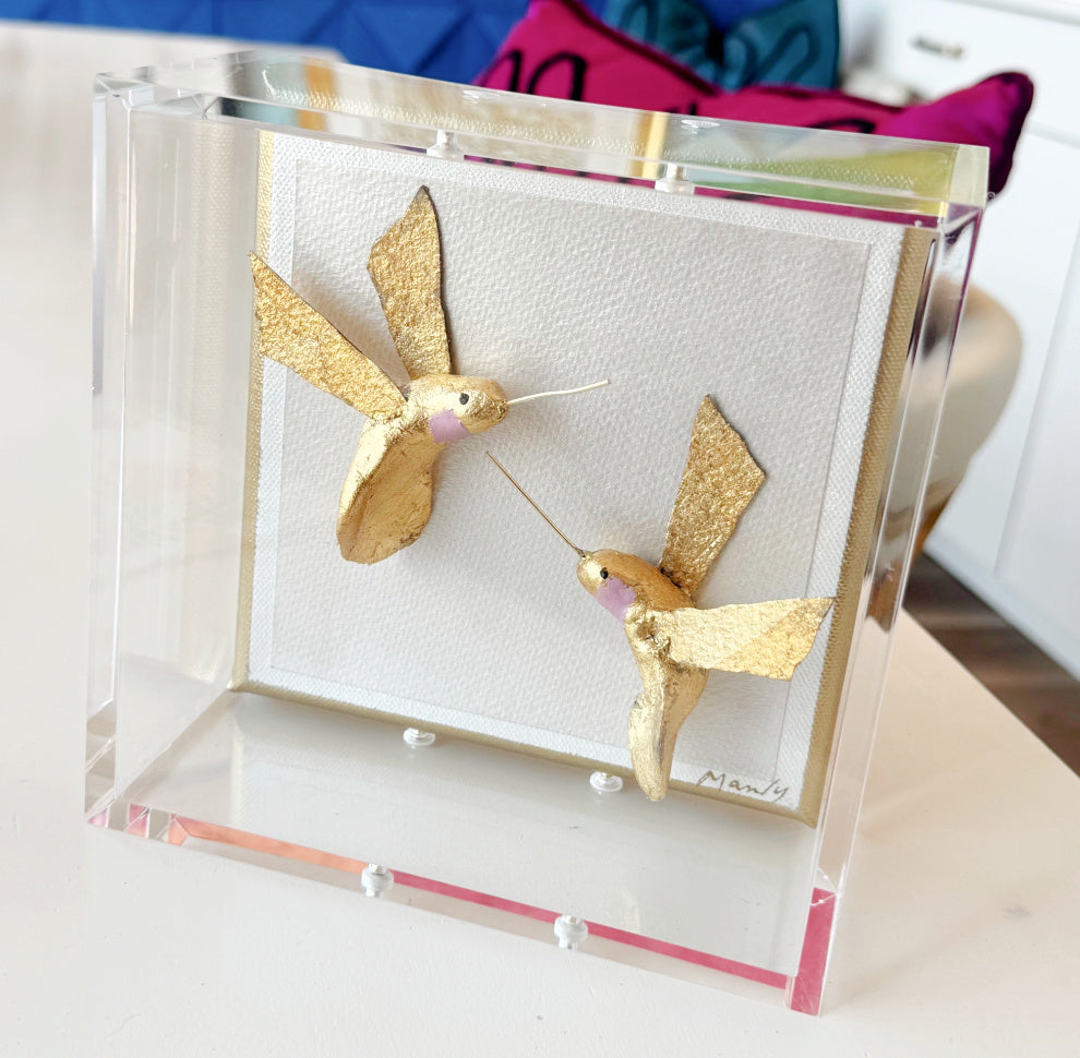 Hummingbird Gold Blush 6x6 Shadowbox