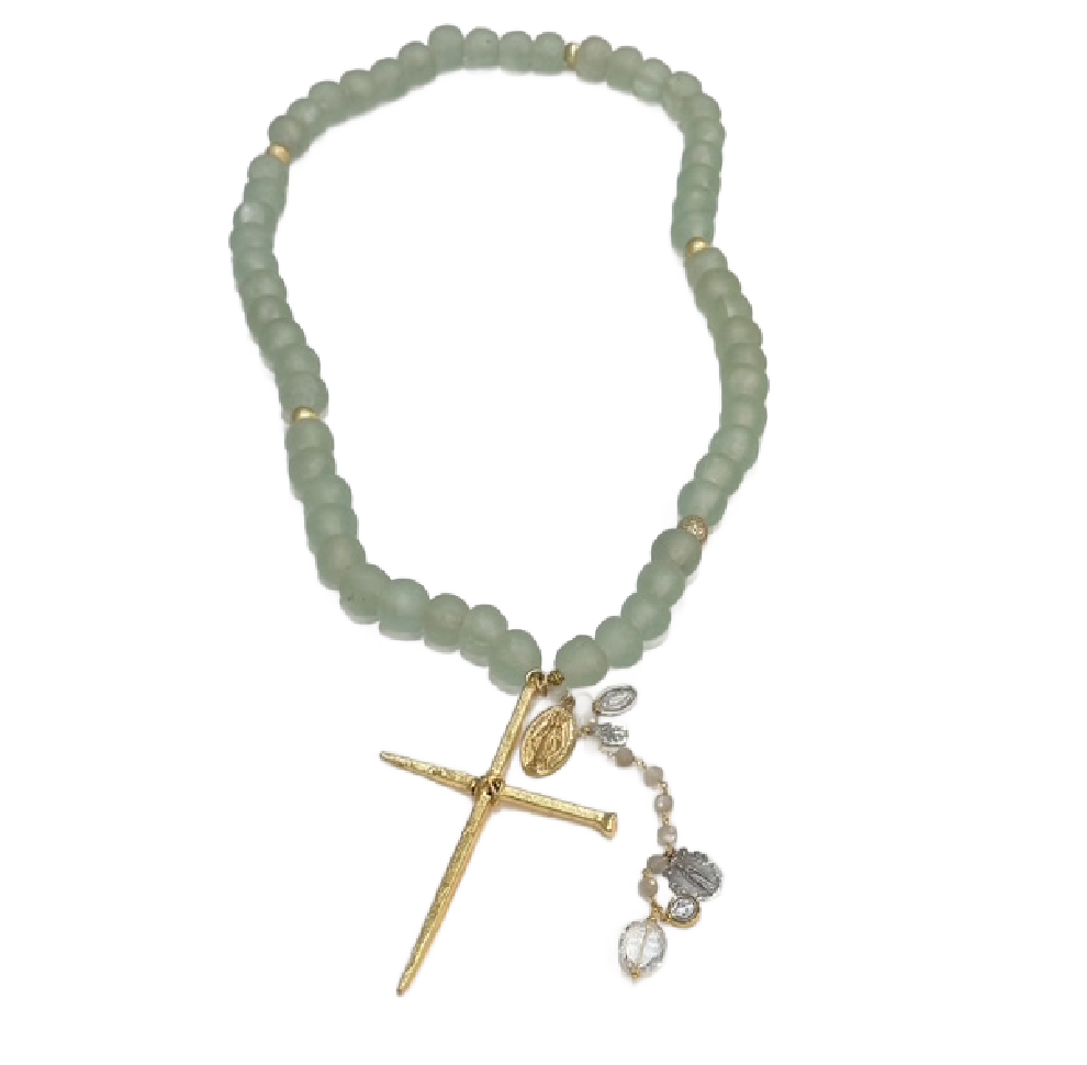 Handmade Beaded Sea-foam Blue Glass Rosary