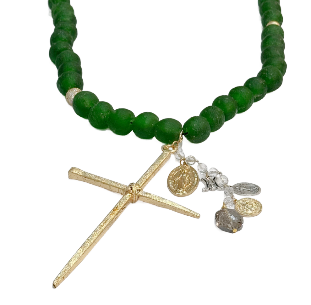 Handmade Beaded Dark Green Glass Rosary