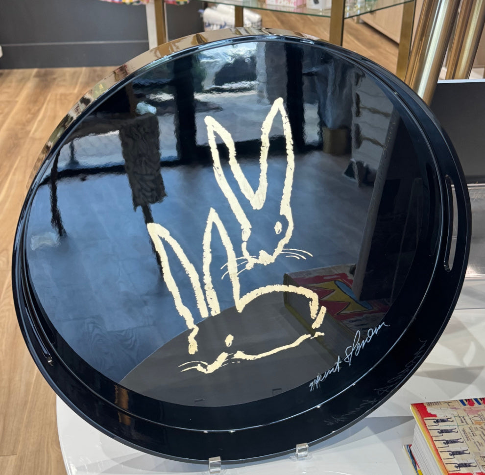 Hunt Slonem | Royal Rabbits Black Gold Leaf Lacquer Tray Autographed