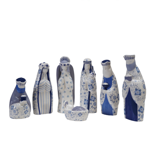 Ceramic Blue and White Nativity with Floral Pattern - 7PCS