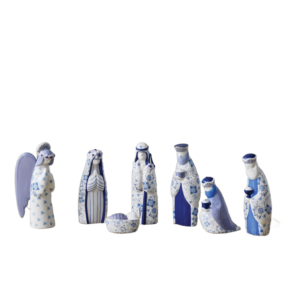 Ceramic Blue and White Nativity with Floral Pattern - 7PCS