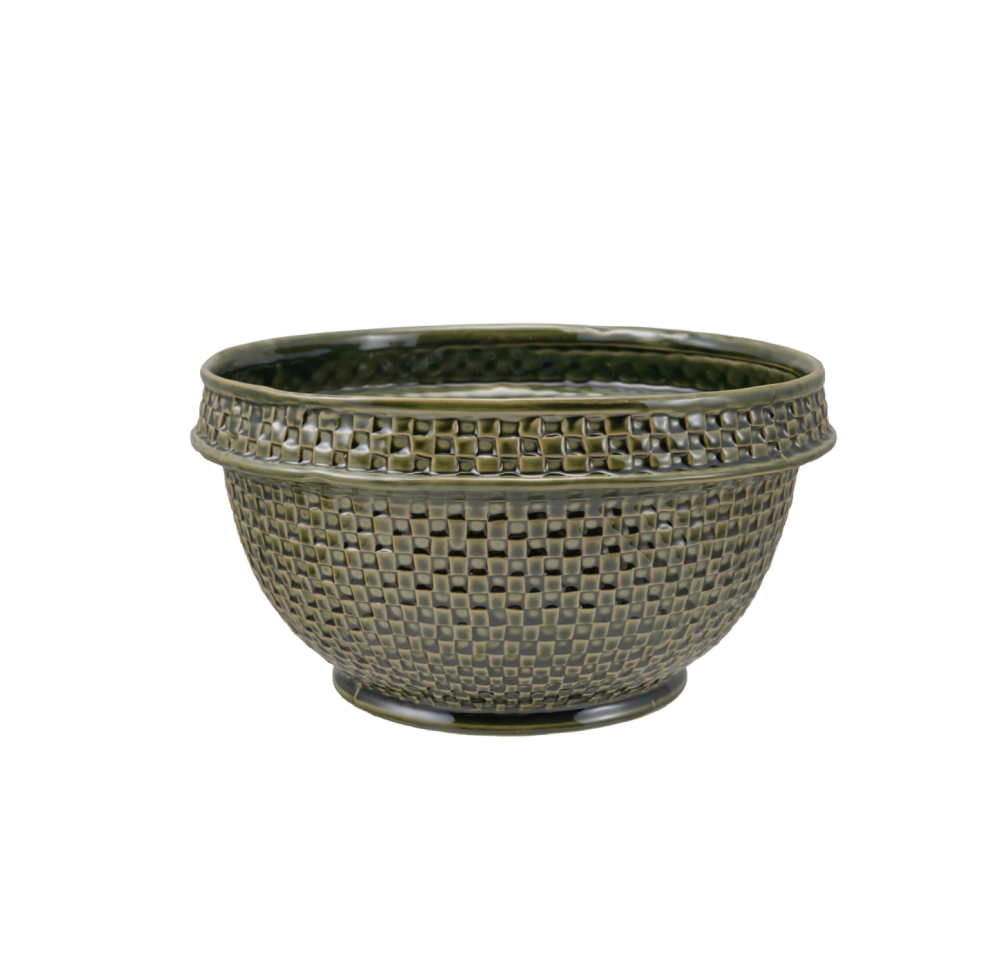Green Stoneware Basket Weave Bowl