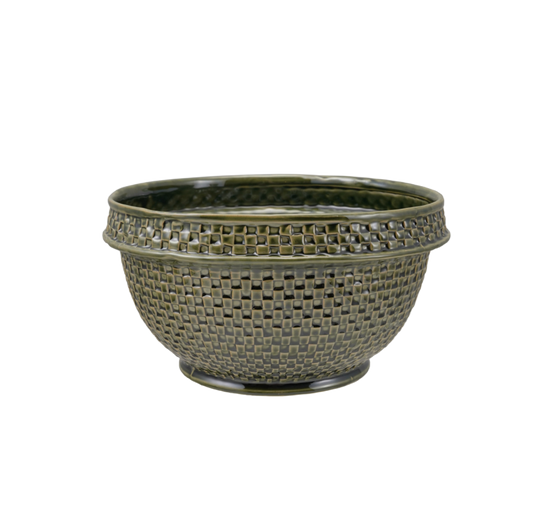 Green Stoneware Basket Weave Bowl