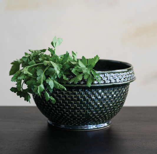 Green Stoneware Basket Weave Bowl
