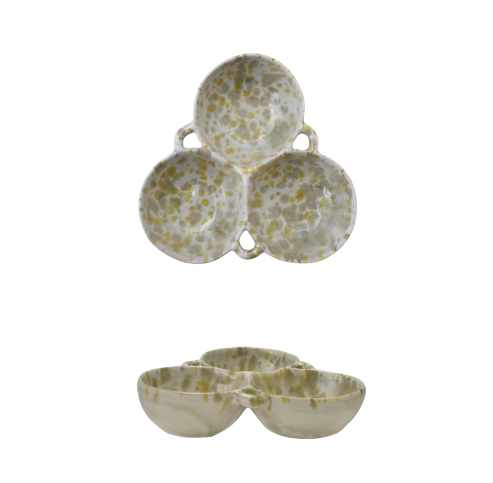 Cream & Green Stoneware Multi Bowl with 3 Sections