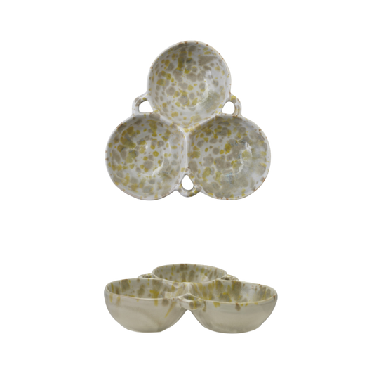 Cream & Green Stoneware Multi Bowl with 3 Sections