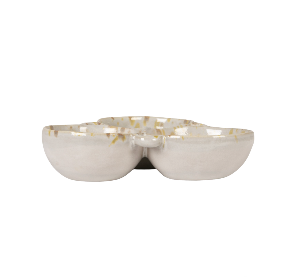 Cream & Green Stoneware Multi Bowl with 3 Sections