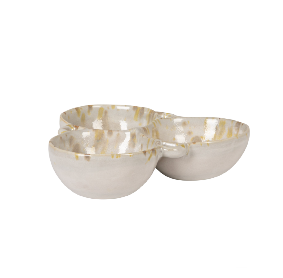 Cream & Green Stoneware Multi Bowl with 3 Sections