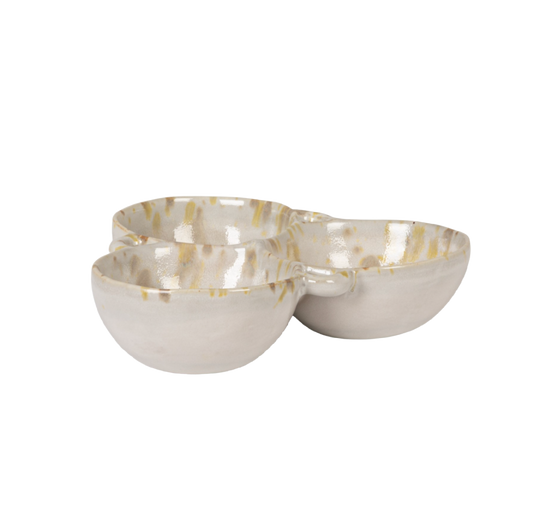 Cream & Green Stoneware Multi Bowl with 3 Sections