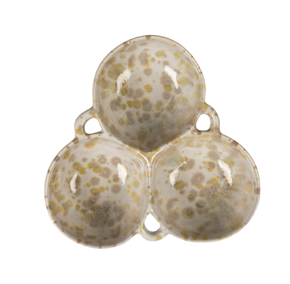 Cream & Green Stoneware Multi Bowl with 3 Sections