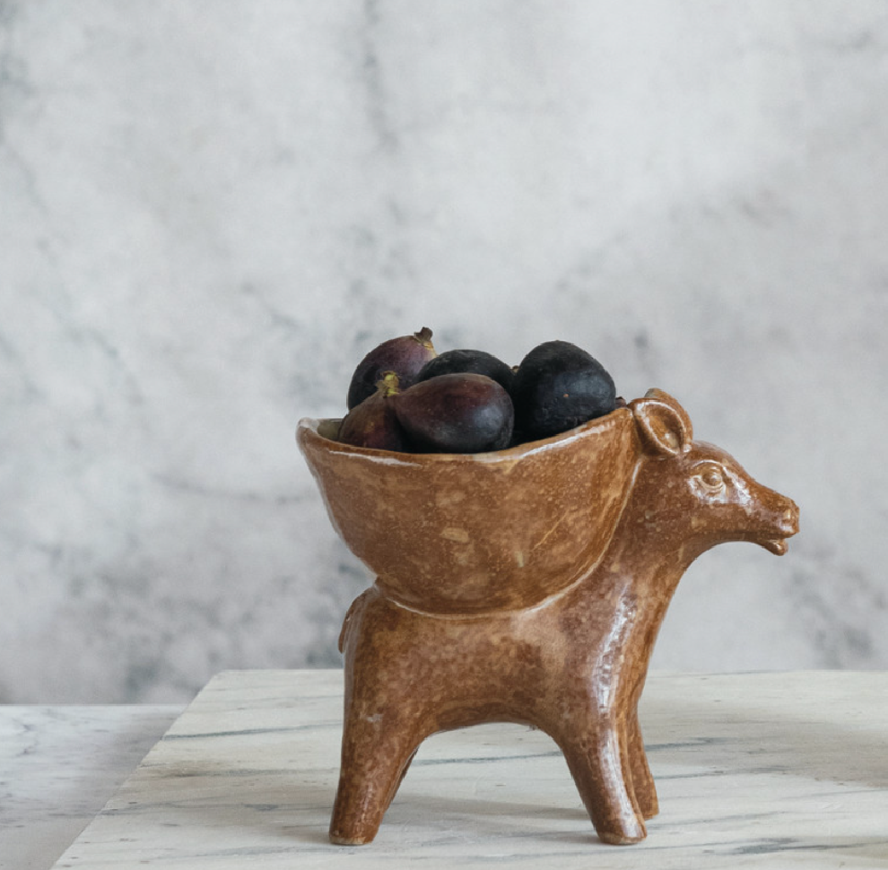 Brown Stoneware Donkey w/ Bowl