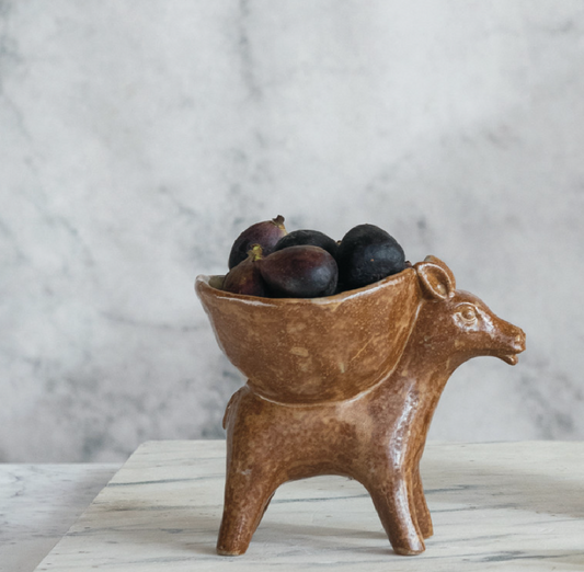 Brown Stoneware Donkey w/ Bowl