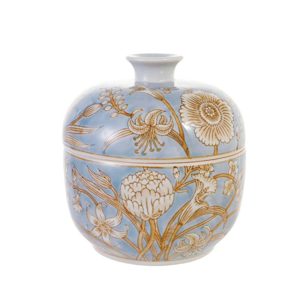 Blue, White & Brown Painted Stoneware Jar with Flowers