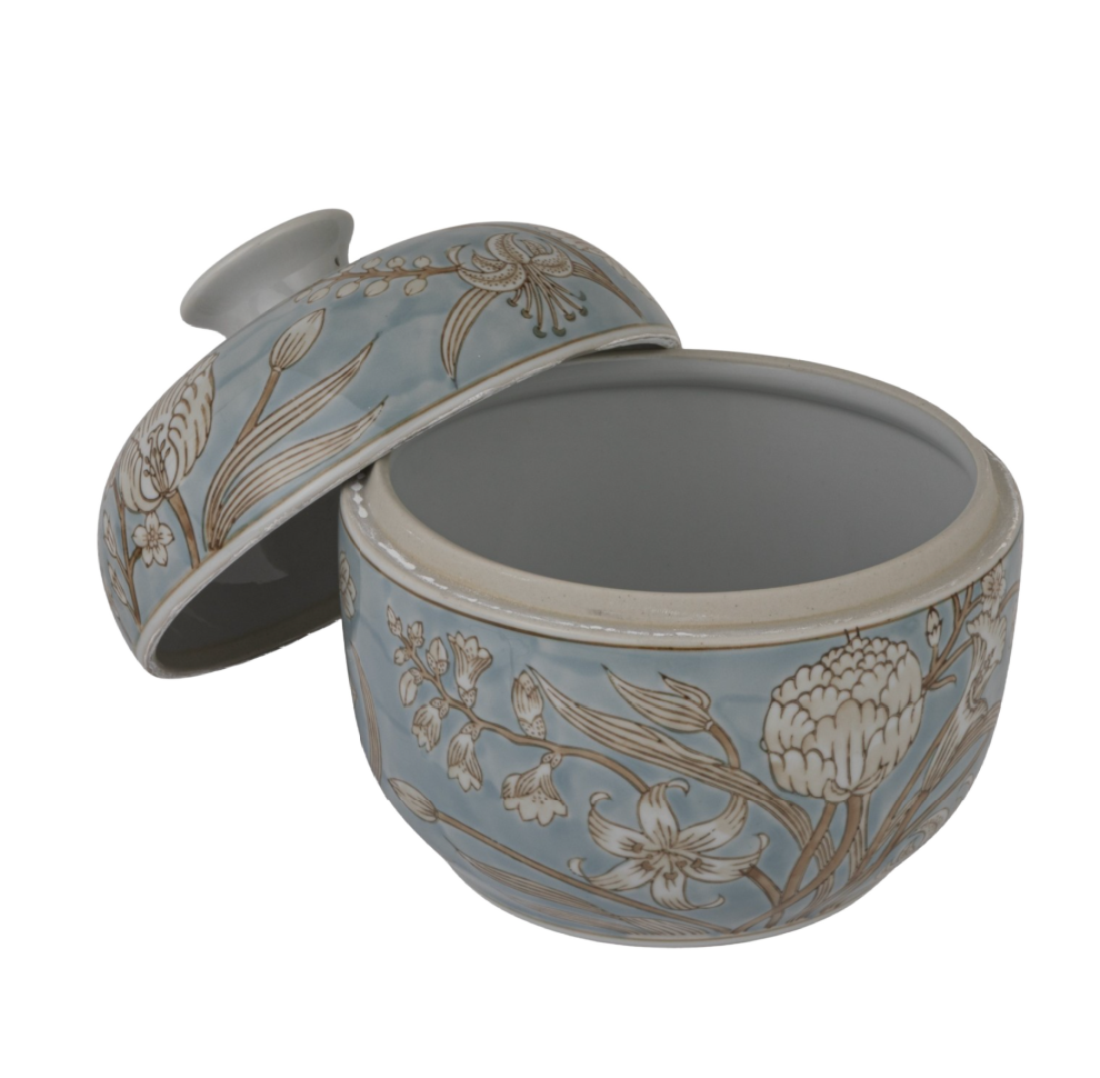 Blue, White & Brown Painted Stoneware Jar with Flowers