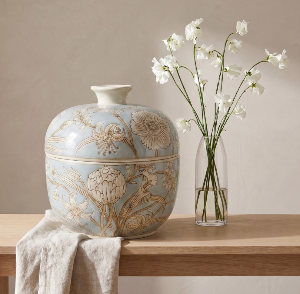 Blue, White & Brown Painted Stoneware Jar with Flowers