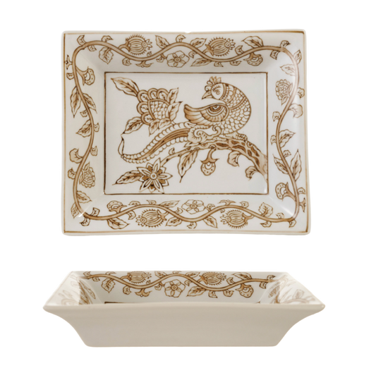 Hand-Painted Stoneware Dish with Bird & Botanicals