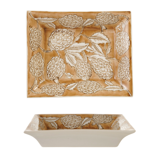 Hand-Painted Stoneware Dish with Botanicals