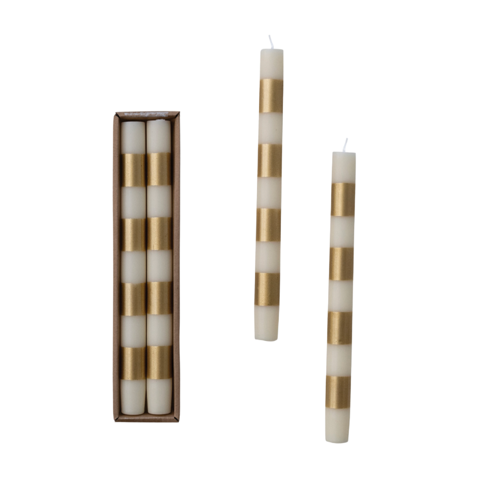 Unscented Taper Candles with Stripes, Cream & Gold