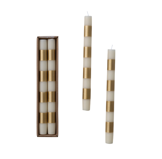 Unscented Taper Candles with Stripes, Cream & Gold