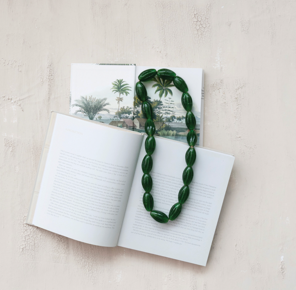 Green Hand-Blown Glass Beads on Jute Cord