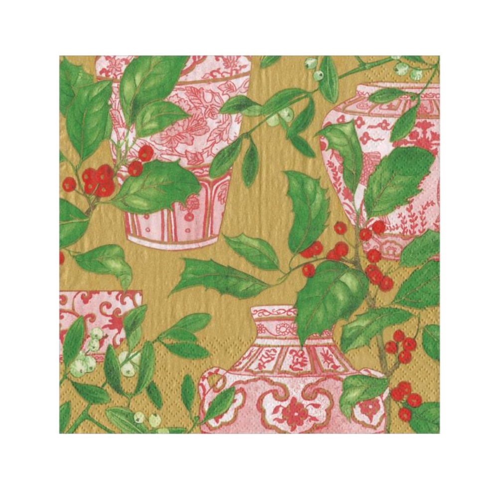Holly and Porcelain Caspari Cocktail Napkin