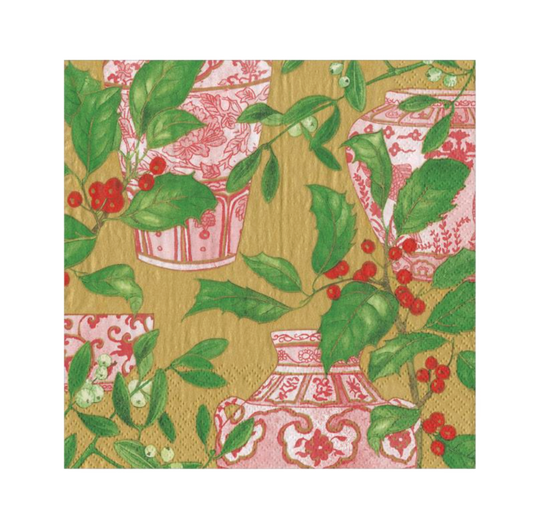 Holly and Porcelain Caspari Cocktail Napkin