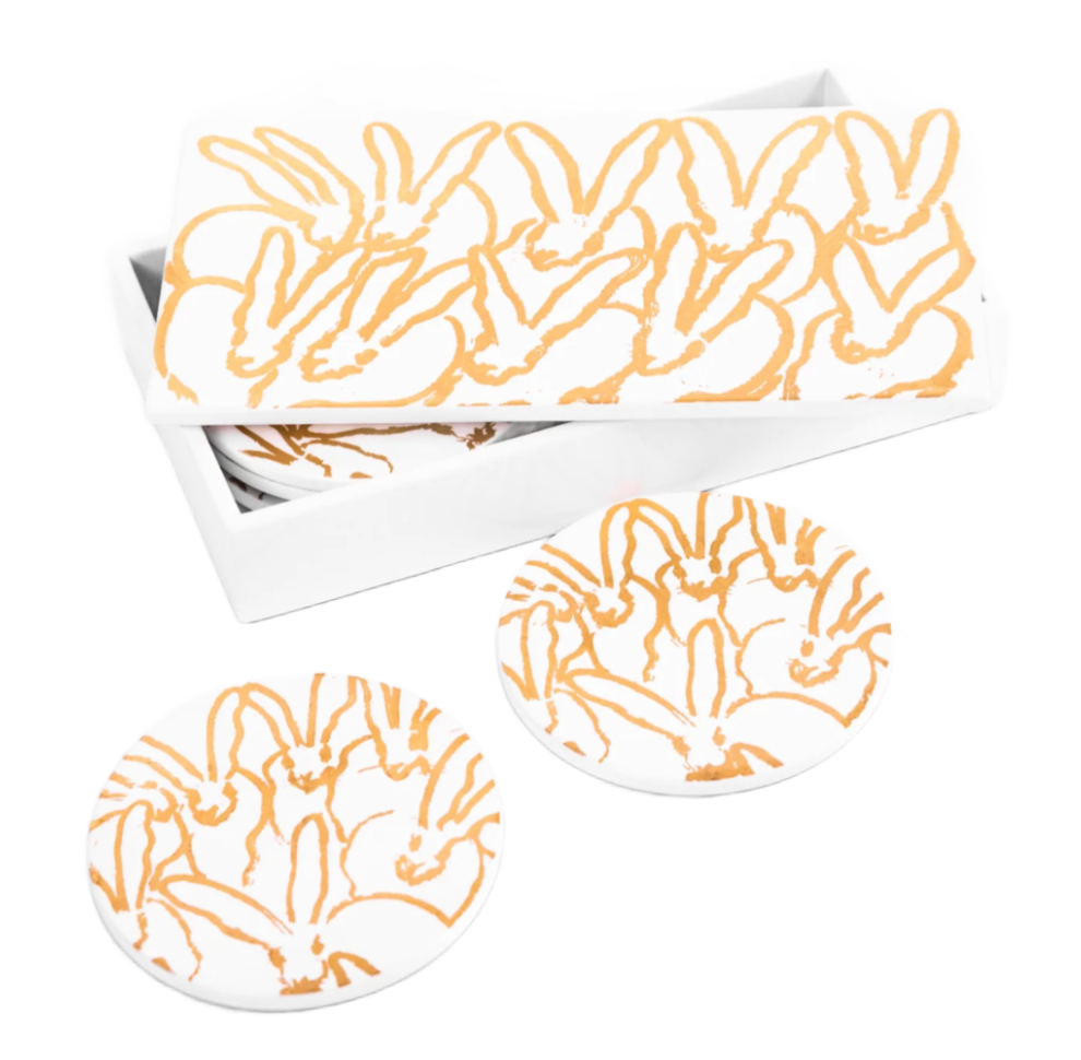 Hunt Slonem | Rabbit Run White with Gold Coaster Box