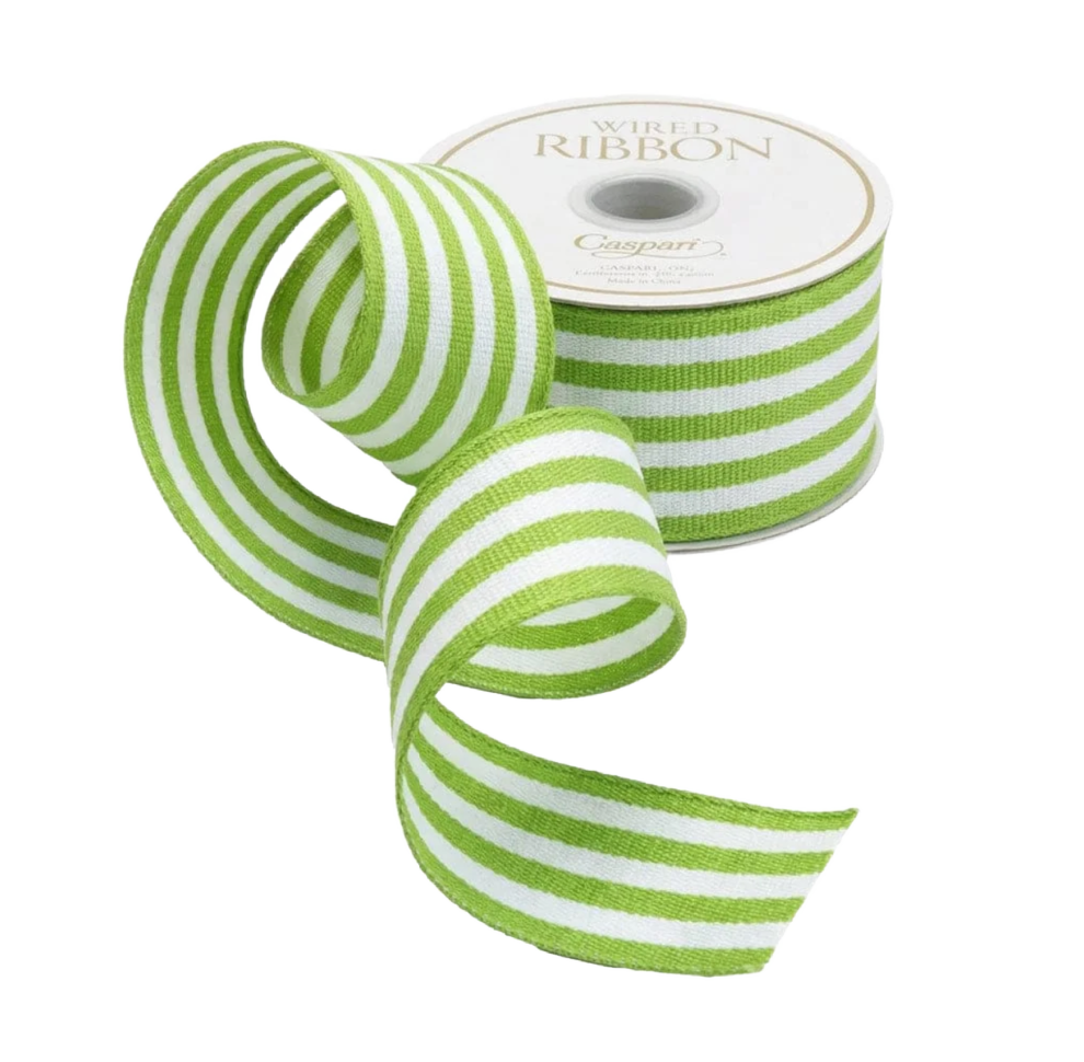 Moss Green/White Striped Grosgrain Wired Ribbon