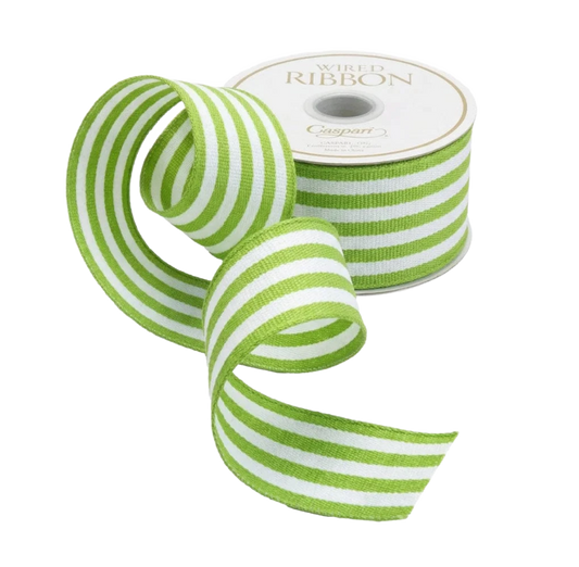 Moss Green/White Striped Grosgrain Wired Ribbon