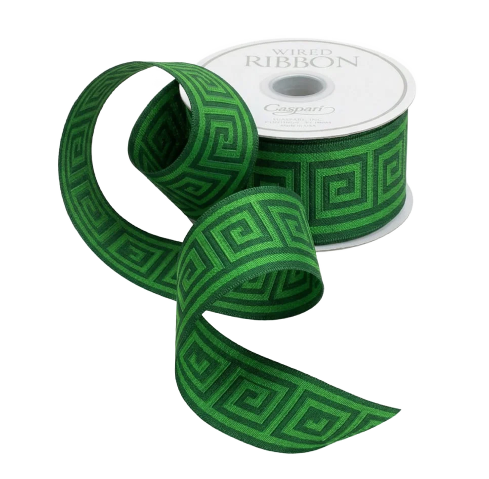 Greek Key Green/Dark Green Wired Ribbon