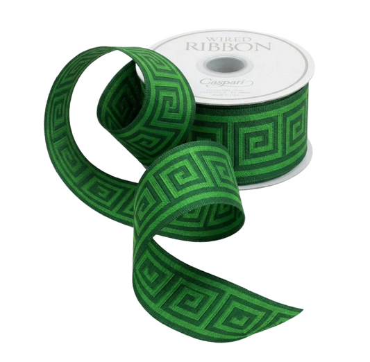 Greek Key Green/Dark Green Wired Ribbon