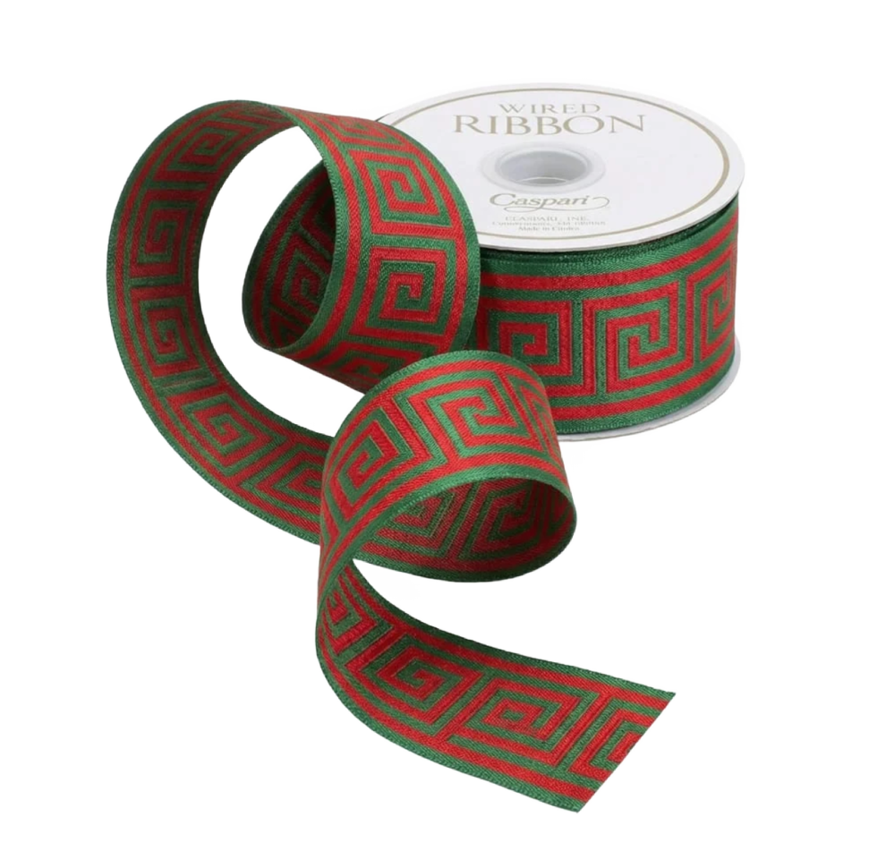 Greek Key Red/Dark Green Wired Ribbon