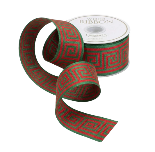 Greek Key Red/Dark Green Wired Ribbon