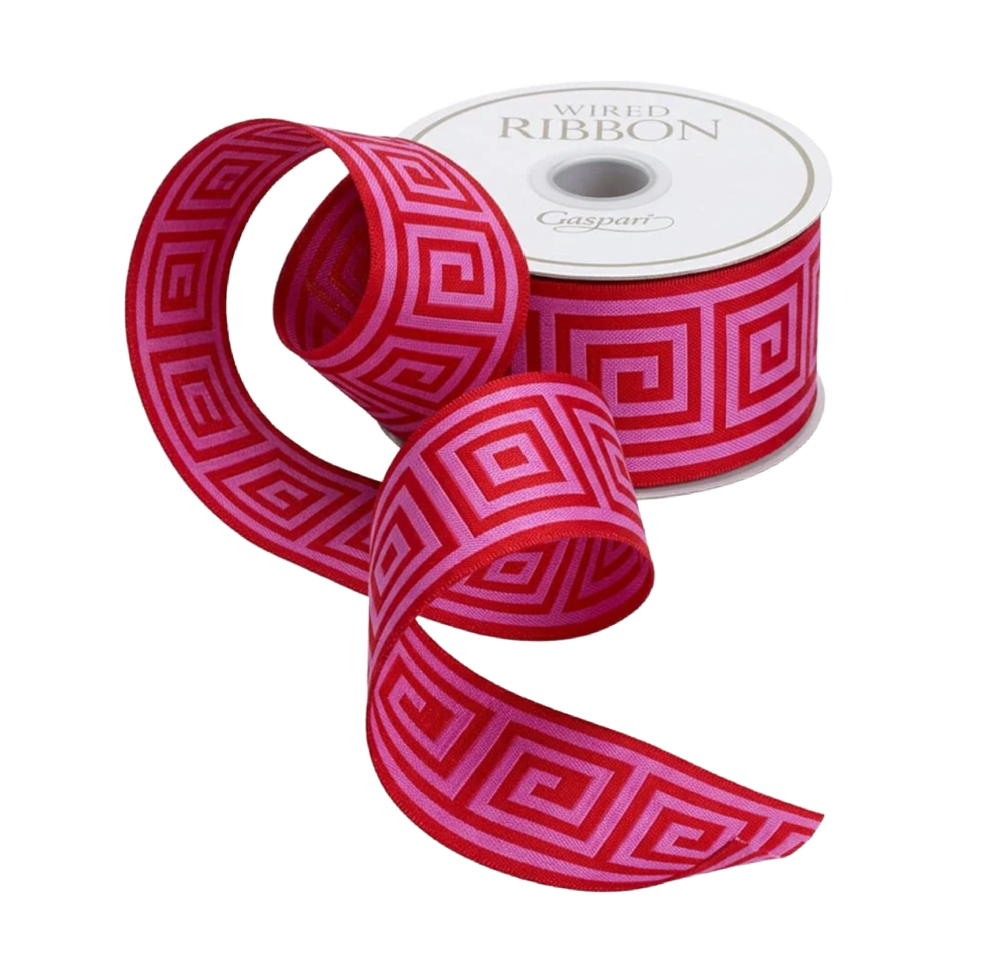 Greek Key Red/Pink Wired Ribbon
