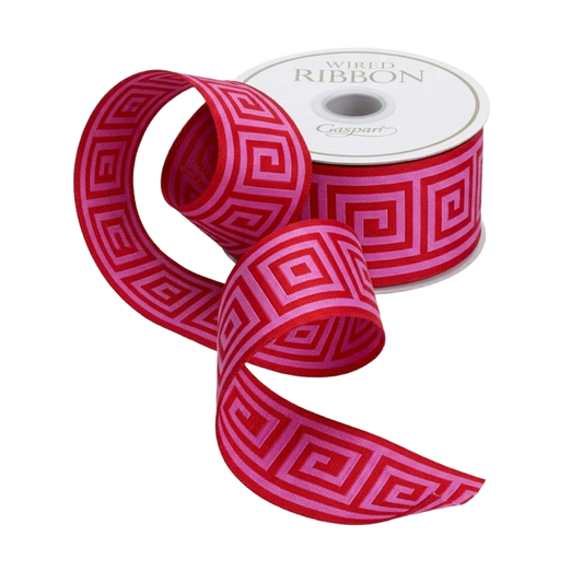 Greek Key Red/Pink Wired Ribbon